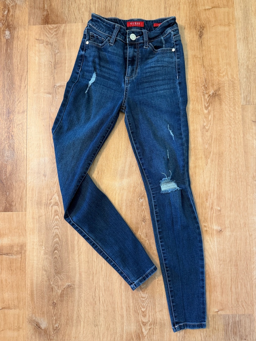 GUESS High-Rise Distressed Skinny Jeans - Dark Blue